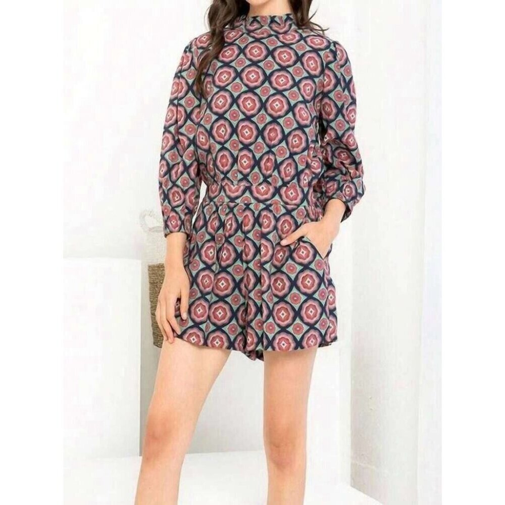 THML Valentina Printed Romper Rust Rose Sage Navy Mauve Ivory Quatrefoil Size L